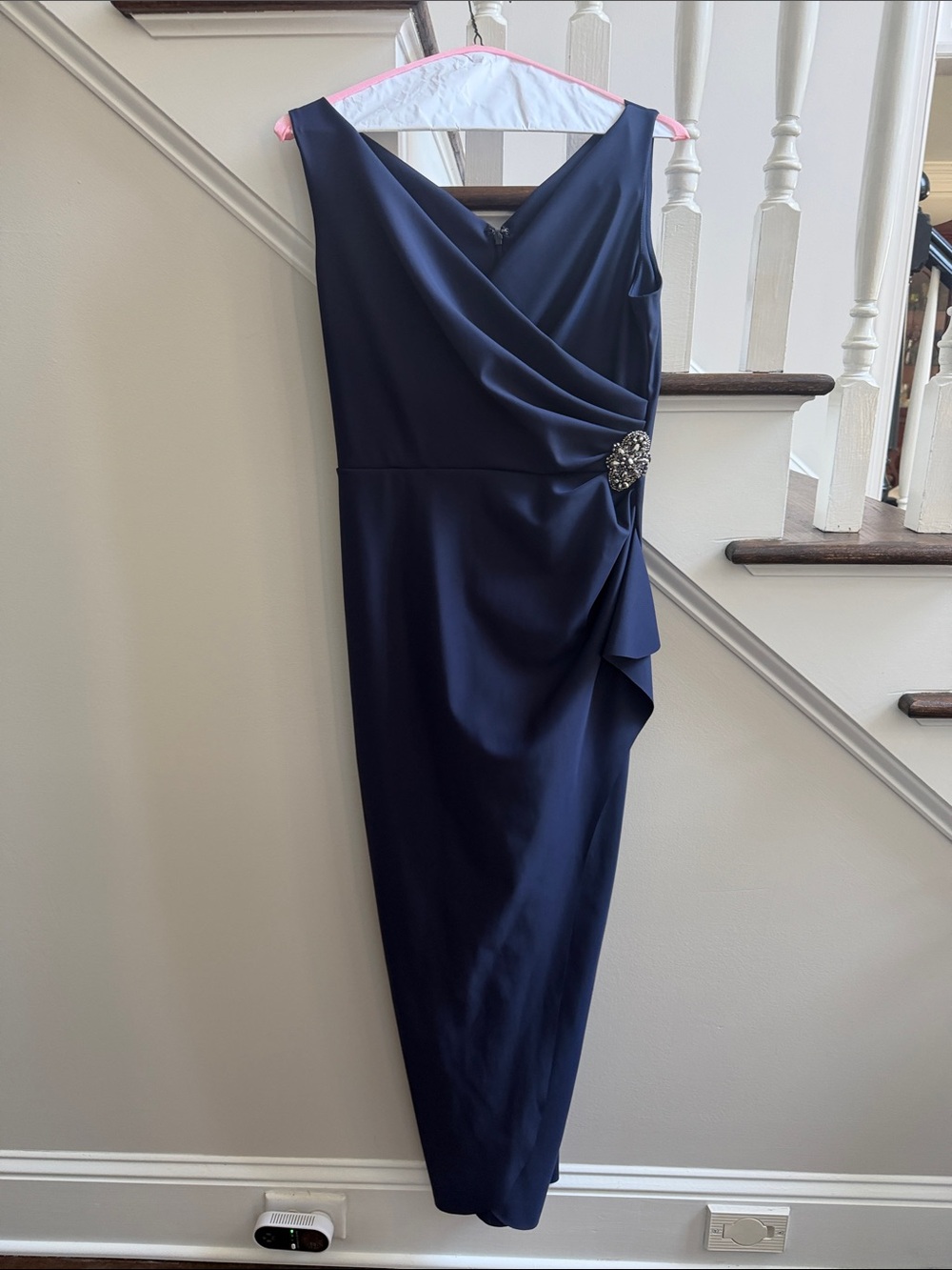 Navy Sleeveless Wrap Sheath Dress with Embellished Waist